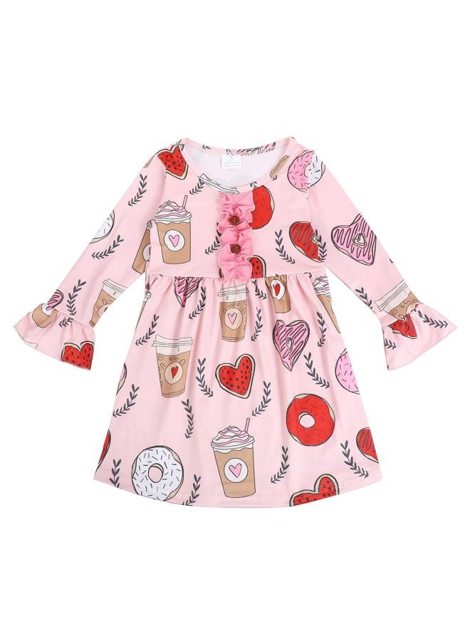 DACSOIT Valentine's Day Toddler Girl Dress Love Hearts Print Ruffle Bottom Long Sleeve Casual Dress 6-7Y - Image 3
