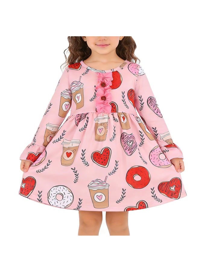 DACSOIT Valentine's Day Toddler Girl Dress Love Hearts Print Ruffle Bottom Long Sleeve Casual Dress 6-7Y - Image 1