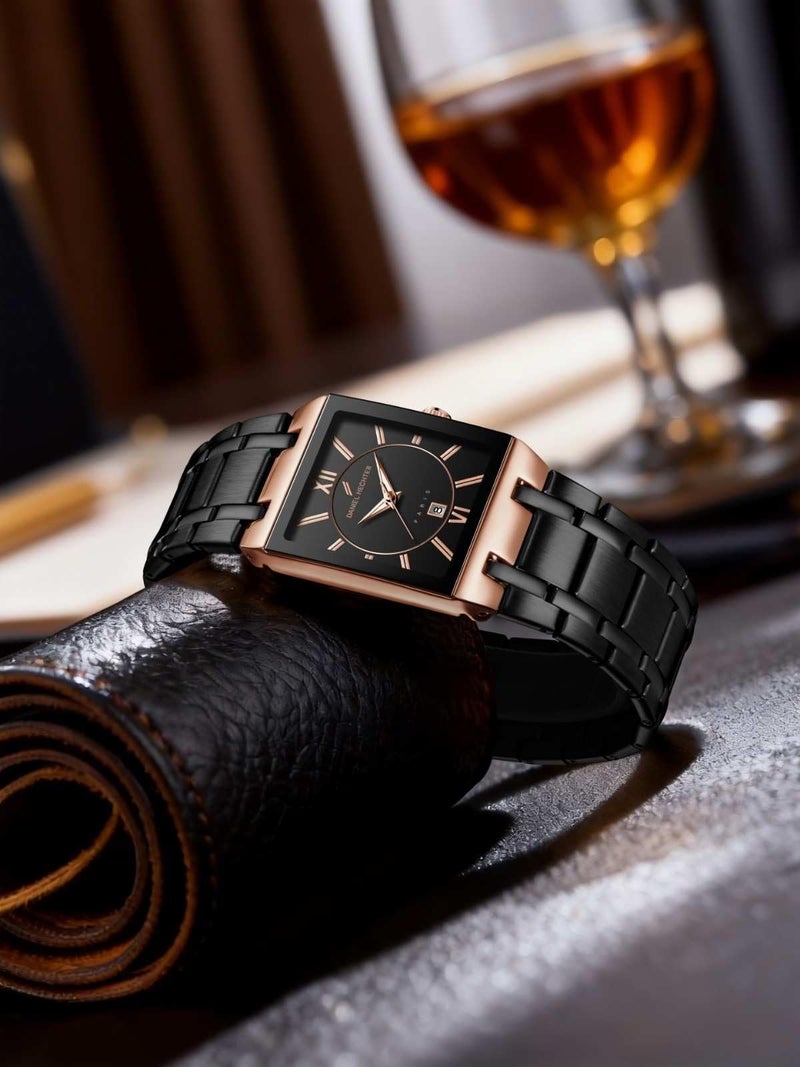Daniel Hechter Paris Gallieni Collection Vintage Analog Watch for Men - Rectangular Dial with Roman Numerals, Date Display and Brushed Stainless Steel Strap - Image 4