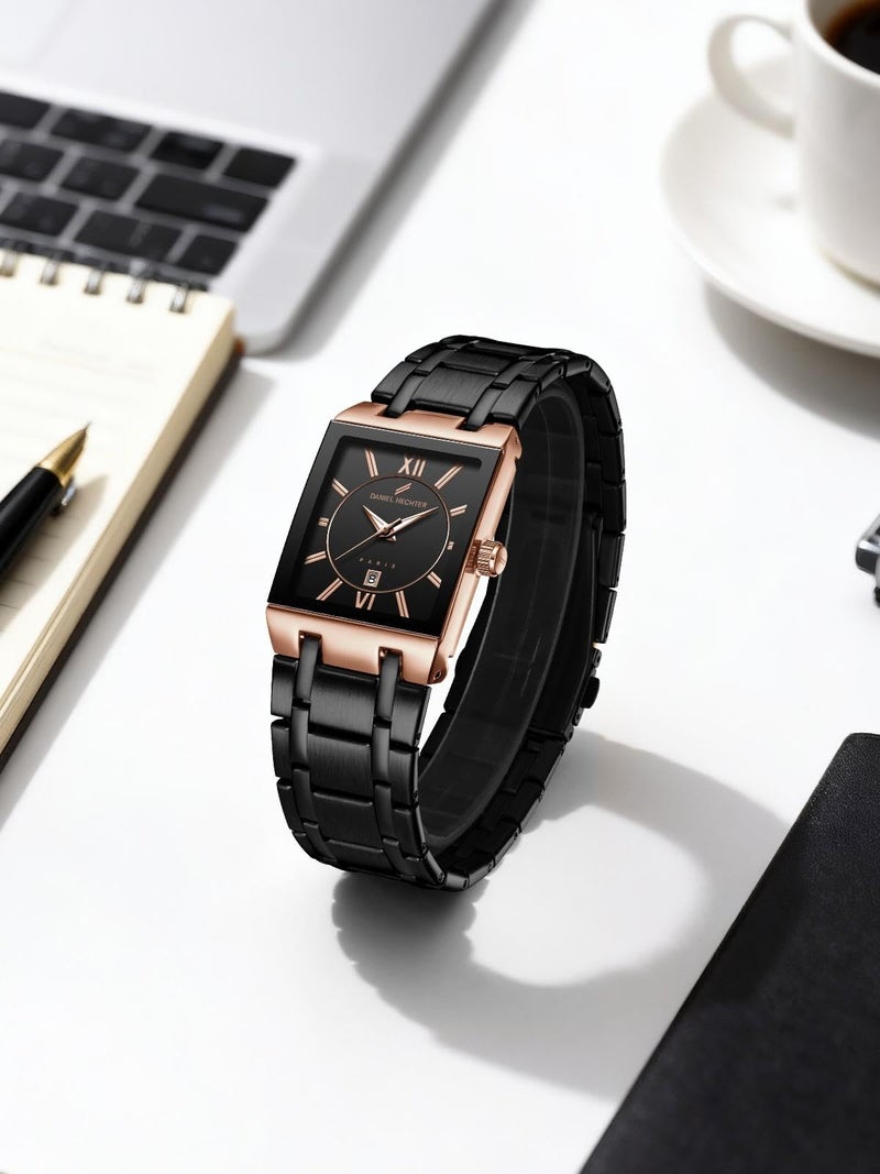 Daniel Hechter Paris Gallieni Collection Vintage Analog Watch for Men - Rectangular Dial with Roman Numerals, Date Display and Brushed Stainless Steel Strap - Image 3