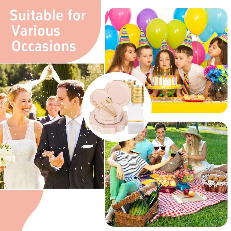 WDF أطباق وردية قابلة للتصرف 175 قطعة - أطباق وردية وذهبية لـ 25 ضيف أدوات مائدة بلاستيكية مثالية للحفلات/حمام العروس/الزفاف/حمام الطفل/عيد الأم - Image 4