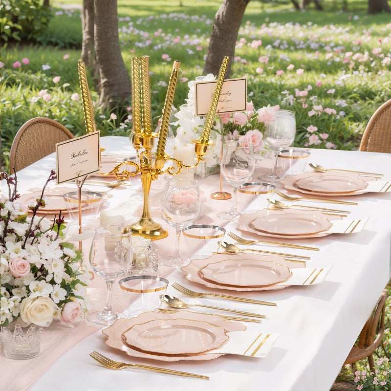 WDF أطباق وردية قابلة للتصرف 175 قطعة - أطباق وردية وذهبية لـ 25 ضيف أدوات مائدة بلاستيكية مثالية للحفلات/حمام العروس/الزفاف/حمام الطفل/عيد الأم - Image 3