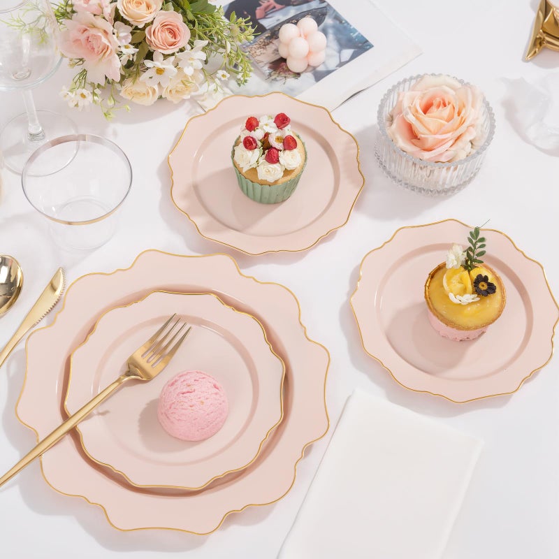 WDF أطباق وردية قابلة للتصرف 175 قطعة - أطباق وردية وذهبية لـ 25 ضيف أدوات مائدة بلاستيكية مثالية للحفلات/حمام العروس/الزفاف/حمام الطفل/عيد الأم - Image 1