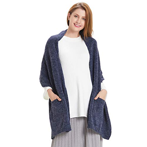 Hanerdun Womens Thick Knit Wrap Soft Warm Shawl Winter Scarf With Pocket Navy Blue ,ONE SIZE - Image 1