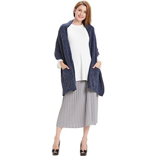 Hanerdun Womens Thick Knit Wrap Soft Warm Shawl Winter Scarf With Pocket Navy Blue ,ONE SIZE - Image 2