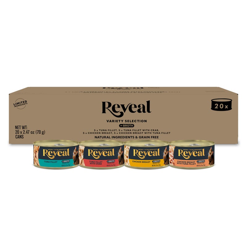 Reveal Natural Wet Canned Cat Food, 4-Flavor Variety Pack, Limited Ingredient, Grain Free, High Protein with No Artificial Additives, Fish and Chicken Variety in Broth (20 x 2.47 oz Cans) - Image 1