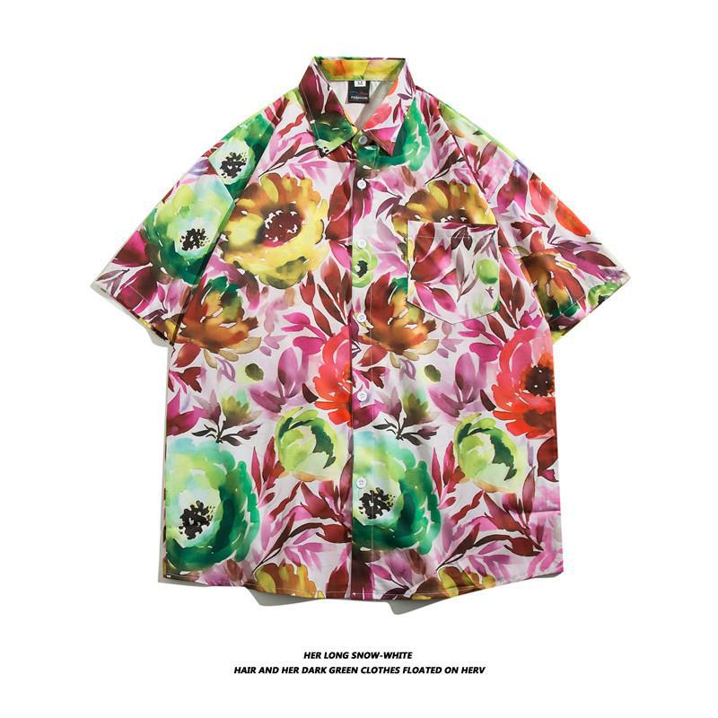 Summer Ins Vintage Floral Printed Short-Sleeved Shirt Men'S Fashion Brand Street Bf Lazy Style Couple Flower Shirt Jacket - Image 1