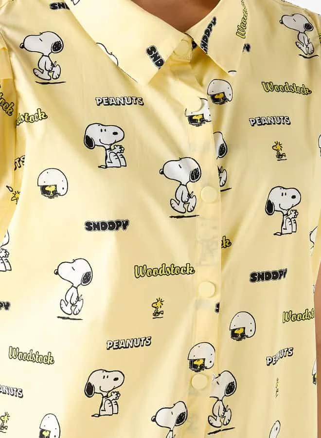 SP Characters Snoopy Print Collar Shirt with Short Sleeves and Toggle Detail