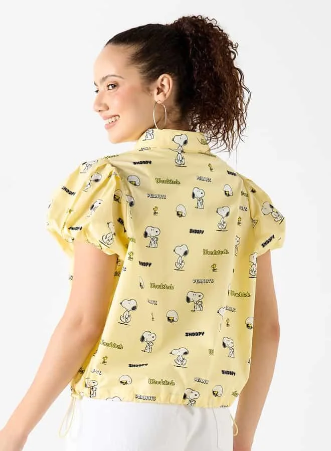 SP Characters Snoopy Print Collar Shirt with Short Sleeves and Toggle Detail
