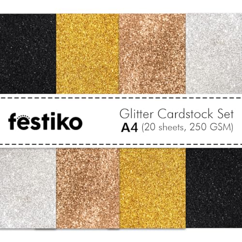 Festiko® Black/Bronze/Gold/Silver Glitter Cardstock Sheets (Pack of 20, A4, 250 Gsm), Premium Glitter Paper for Crafts, A4 Glitter Card Stock for DIY Projects - Image 1