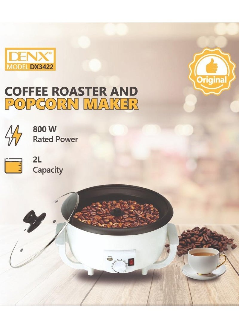 Denx Electric coffee roaster and Popcorn Maker 800W, non-stick, adjustable temperature control with blue light, durable glass cover, cool-touch body, 2L  capacity, White  - Image 2