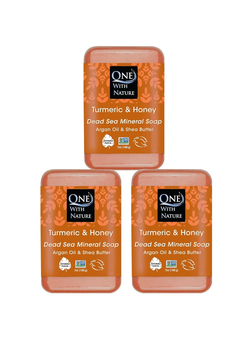 ONE WITH NATURE One With Nature Honey & Turmeric Soap Bar for Face & Body 7oz Bar 3pk, Argan Oil, Shea Butter, Dead Sea Salt Contains Magnesium, Sulfur & 21 Essential Minerals. All Skin Types, Eczema, Psoriasis, Acne 