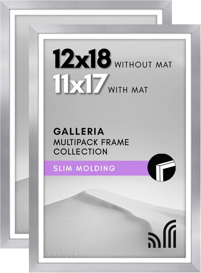 Americanflat 12x18 Poster Frame with Polished Plexiglass - Set of 2 - Use as 11x17 Frame with Mat or 12x18 Frame Without Mat - Galleria Collection - Gallery Wall Frame Set for Wall Display - Silver - Image 1