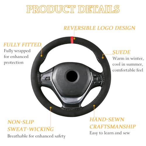 Ywdiml Car Steering Wheel Cover, Stitch On Full Surround Soft Suede Steering Wheel Wrap Guard with Needle & Thread, Comfortable Grip Auto Interior Accessories, Universal for Vehicle (Black/Red) - Image 2