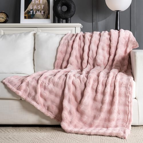 Jungle Star Pink Faux Fur Throw Blanket for Couch, Soft Fluffy Bubble Blanket for Bed Sofa, Thick Warm Plush Fuzzy Rabbit Fur Blanket for Cute Home Decor, 50"X 60" - Image 1