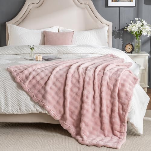 Jungle Star Pink Faux Fur Throw Blanket for Couch, Soft Fluffy Bubble Blanket for Bed Sofa, Thick Warm Plush Fuzzy Rabbit Fur Blanket for Cute Home Decor, 50"X 60" - Image 4