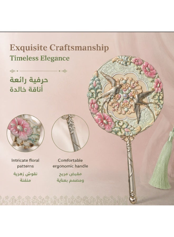 Vintage Floral Bird Handheld Makeup Mirror, Elegant Embossed Decorative Hand Mirror with Tassel Portable HD Beauty Mirror for Women Gift - Image 1