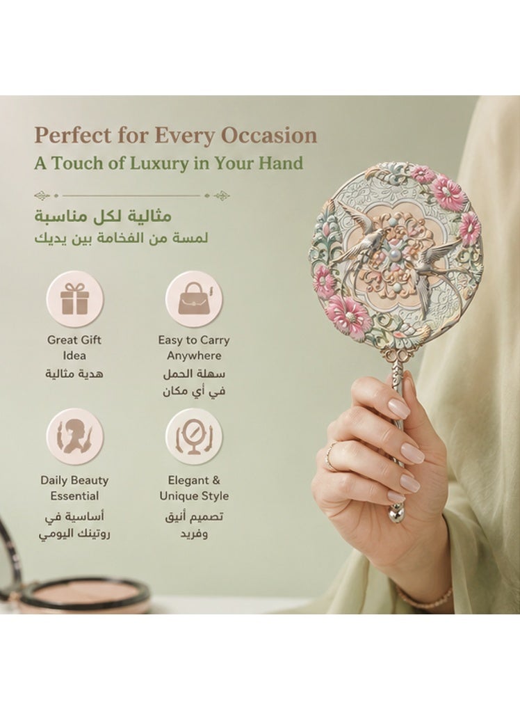 Vintage Floral Bird Handheld Makeup Mirror, Elegant Embossed Decorative Hand Mirror with Tassel Portable HD Beauty Mirror for Women Gift - Image 2