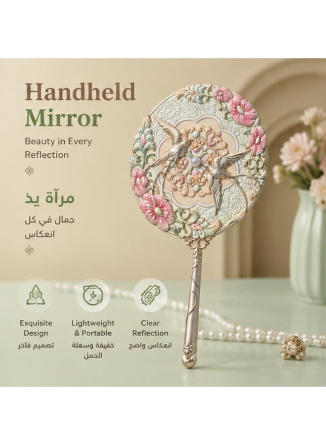 Vintage Floral Bird Handheld Makeup Mirror, Elegant Embossed Decorative Hand Mirror with Tassel Portable HD Beauty Mirror for Women Gift - Image 4