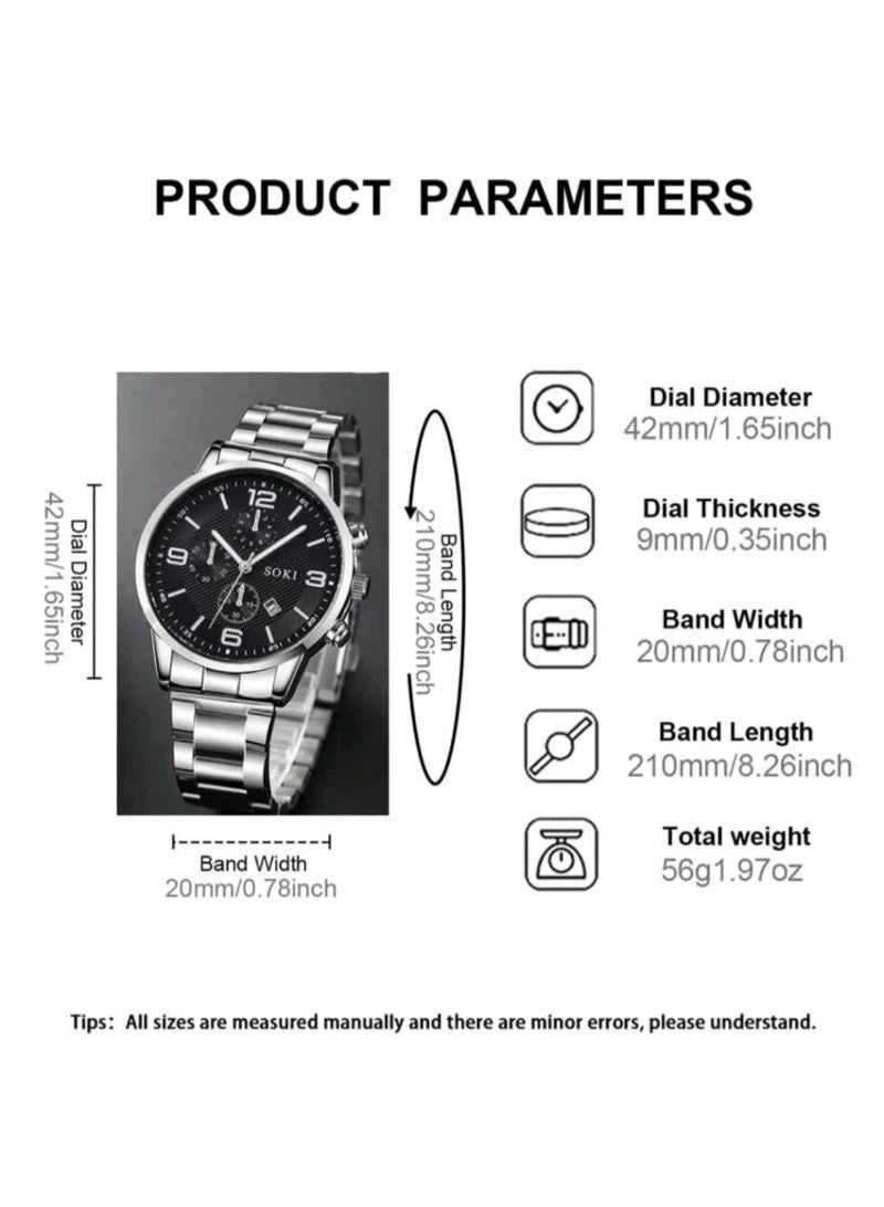 سوكي ساعة رجالية 1 قطعة، أعمال، رياضة، كاجوال، تقويم، عقارب رقمية، سوار من الصلب، ساعة كوارتز مثالية للارتداء اليومي - Image 4