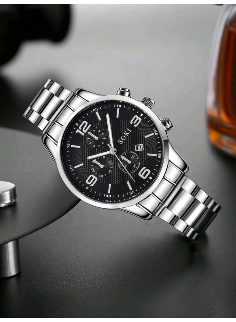 سوكي ساعة رجالية 1 قطعة، أعمال، رياضة، كاجوال، تقويم، عقارب رقمية، سوار من الصلب، ساعة كوارتز مثالية للارتداء اليومي - Image 3