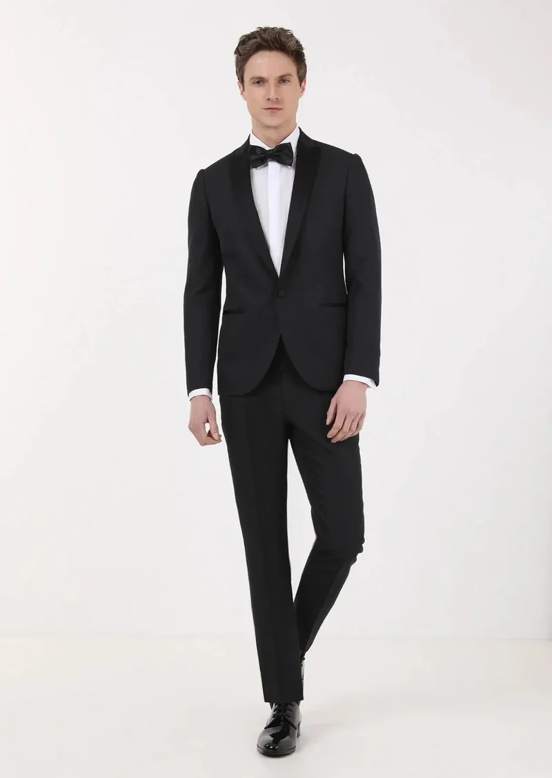 RAMSEY Black Micro Fashion Slim Fit Double Breasted Collar Weaving Tuxedo
