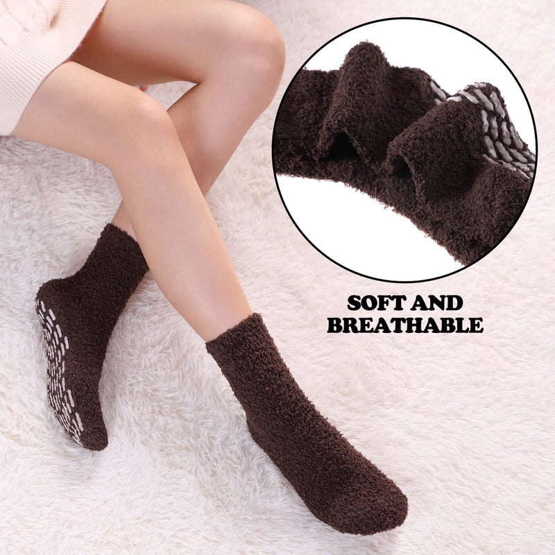 FNOVCO Non Slip Socks for Women Winter Warm Cozy Fuzzy Slipper Socks Soft Fluffy Hospital Socks with Grips (6 Pairs Classic Dark) - Image 4