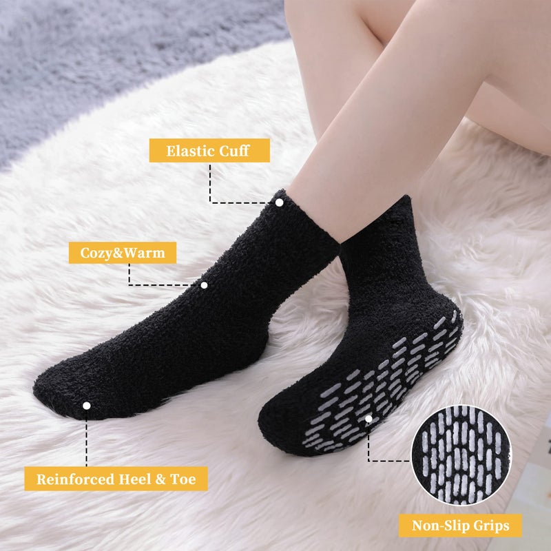 FNOVCO Non Slip Socks for Women Winter Warm Cozy Fuzzy Slipper Socks Soft Fluffy Hospital Socks with Grips (6 Pairs Classic Dark) - Image 2