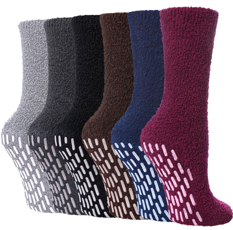 FNOVCO Non Slip Socks for Women Winter Warm Cozy Fuzzy Slipper Socks Soft Fluffy Hospital Socks with Grips (6 Pairs Classic Dark) - Image 1