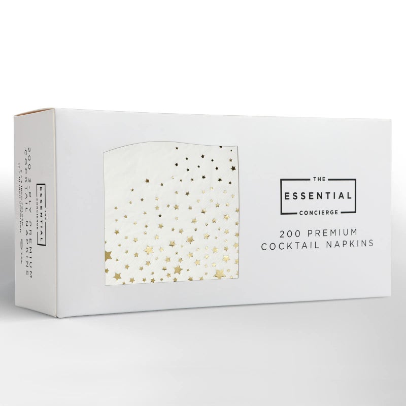 The Essential Concierge 200 Count Gold Star Cocktail Napkins 3Ply Paper 5x5 Inch Gold - Image 1