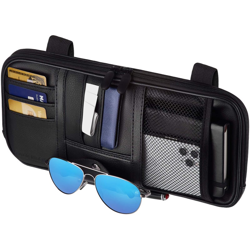 Fancy Mobility Car Sun Visor Organizer - Car, SUV & Truck Interior Accessories - Magnetic Closure for Glasses Holder and Full Length Horizontal Pockets - Allows Safe Driving, 12.2 x 6.1 in, Black