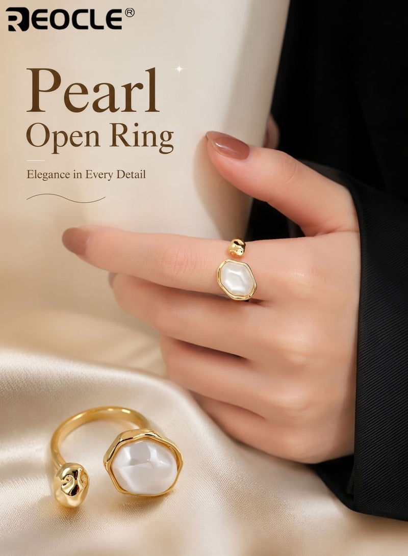 REOCLE Women's Ring Open Adjustable Statement Pearl Band Ring Organic Motif Design for Elegant Daily & Elevated Styling - Image 1