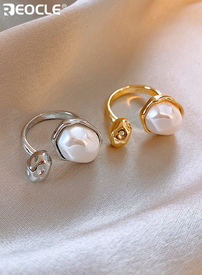 REOCLE Women's Ring Open Adjustable Statement Pearl Band Ring Organic Motif Design for Elegant Daily & Elevated Styling - Image 3