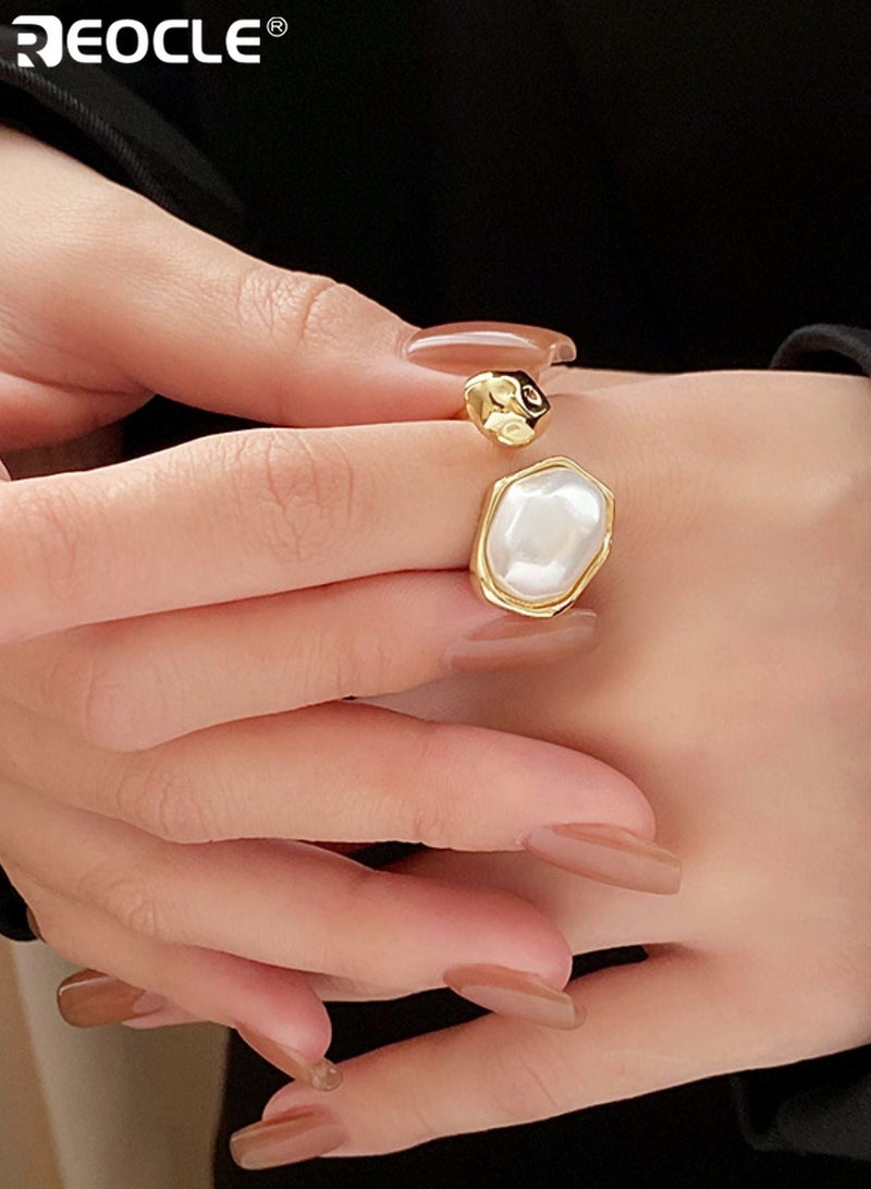 REOCLE Women's Ring Open Adjustable Statement Pearl Band Ring Organic Motif Design for Elegant Daily & Elevated Styling - Image 5
