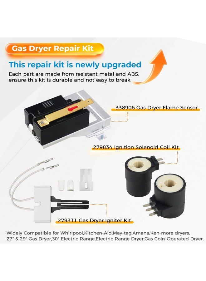 Blutoget 338906 Gas Dryer Flame Sensor 279834 Gas Valve Solenoid Coils 279311 Ignitor Kit - Gas Dryer Repair Kit - Compatible with Whirlpool, Ken-more Dryers - Replaces WP338906 AP3094251 PS334310 - Image 2