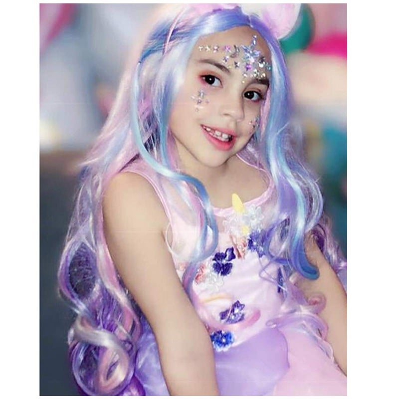 MAGQOO Rainbow Wig Kids Girls Side Part Colorful Wig Colored Wig Long Curly Wavy Wig Multicolor Hair Wigs Cosplay Costume Party Wigs