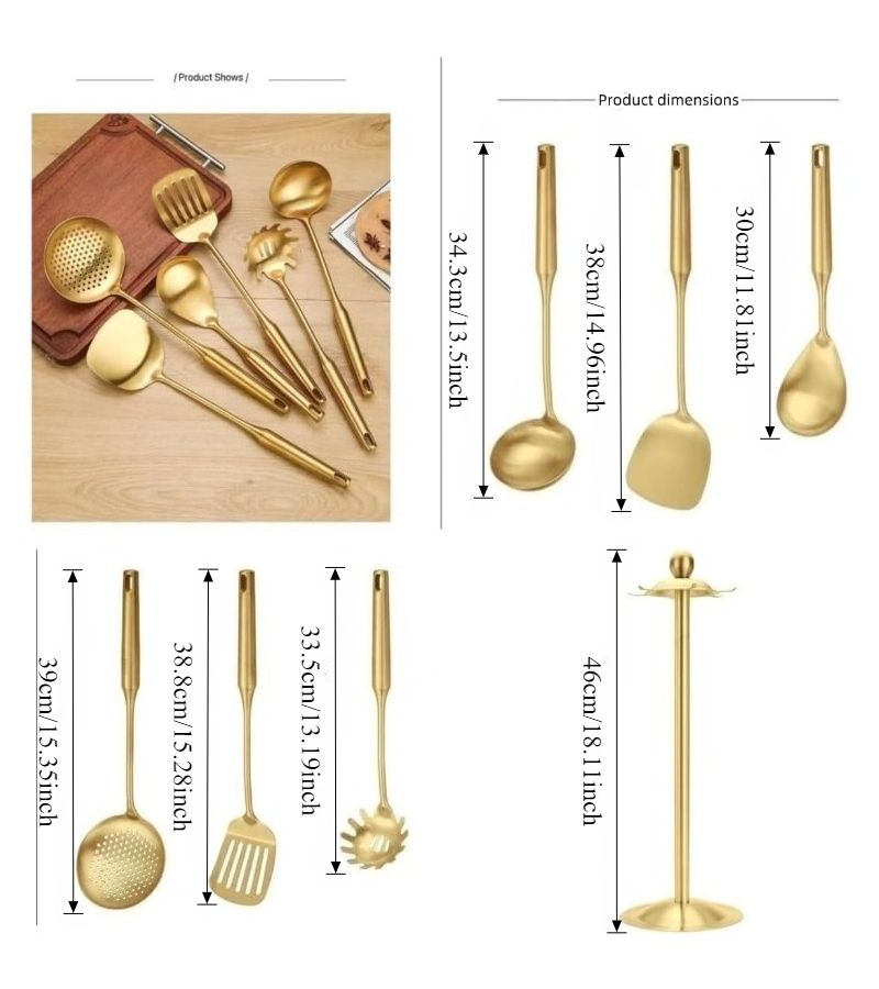 Premium 7pcs Golden Kitchen Utensil Set With Stand Stainless Steel Cooking Tools - Image 3