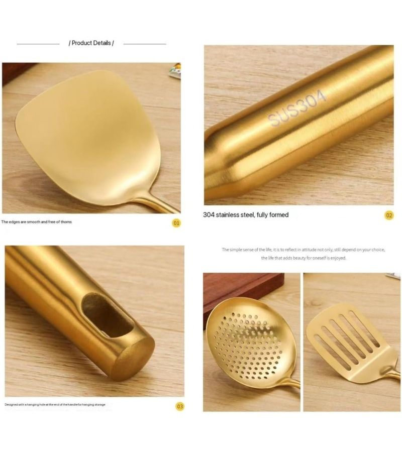 Premium 7pcs Golden Kitchen Utensil Set With Stand Stainless Steel Cooking Tools - Image 4