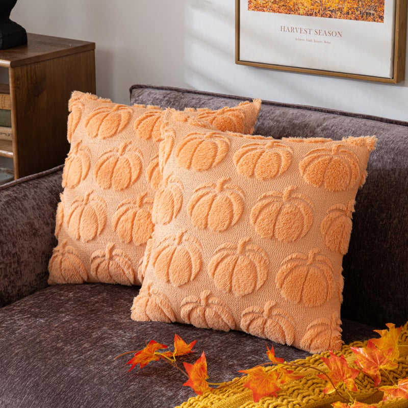 COSIBONO Pumpkin Fall Decorative Throw Pillow Covers 18x18 Set of 2 Light Gold Soft Faux Fur Pillow Covers for Autumn Harvest Fluffy Plush Accent Pillow Cases for Farmhouse Couch Cushion Covers