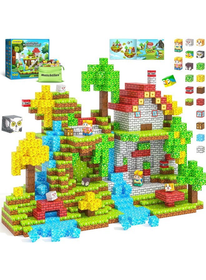 Matchtiles Magnetic Blocks, 100PCS Magnetic Building Blocks Magnet Cube Toys Stacking, Build Forest World Set, STEM Montessori Sensory Toys for Kids Boys Girls Age 3 4 5 6 7 8 9 10 Easter Birthday Gifts - Image 1