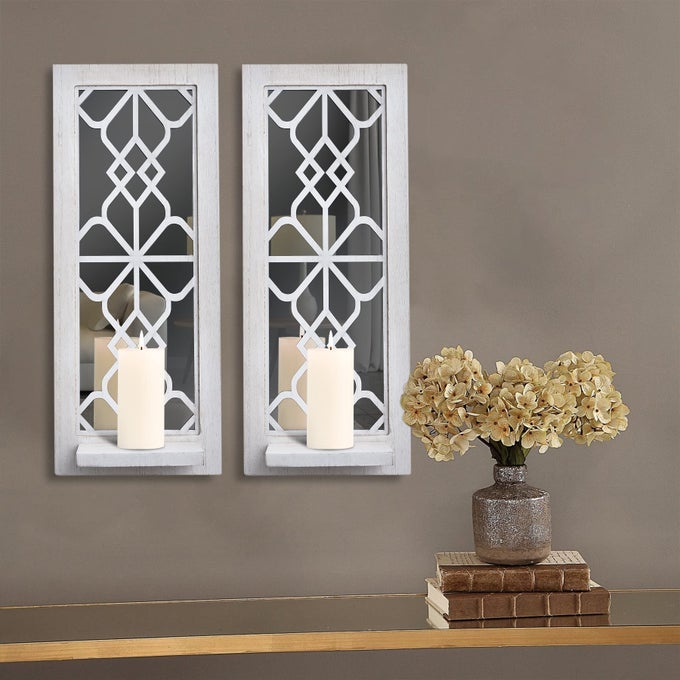 2 SET RUSTIC CANDLE HOLDERS WALL DCOR FARMHOUSE CANDLE SCONCES WOOD DECORATIVE WALL ARTDISTRESSED WHITE
