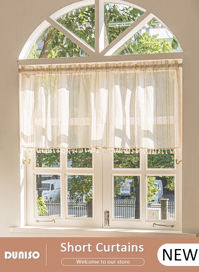 DUNISO Fringed Short Curtains, Country House Bistro Curtain,Breathable Light Filtering Semi Sheer Kitchen Curtains,Rod Pocket Curtains for Café, Kitchen, Living Room and Decoration - Image 1