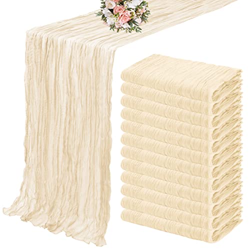 YMHPRIDE 12 Pack Cheesecloth Table Runner 35 x 120 inch Long Boho Cheese Cloth Gauze Table Runners Semi Sheer Table Runner for Wedding Decor Bridal Shower Birthday Party Ivory 