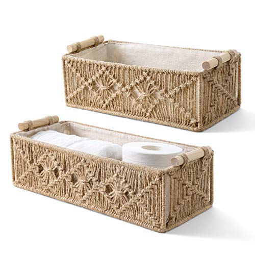 Mkono Macrame Storage Baskets Boho Decor Box Handmade Woven Decorative Countertop Toilet Tank Shelf Cabinet Organizer for Bedroom Livingroom Home, Set of 2, Brown - Image 1