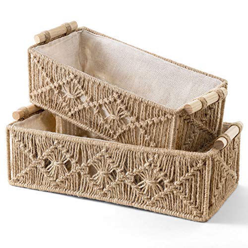 Mkono Macrame Storage Baskets Boho Decor Box Handmade Woven Decorative Countertop Toilet Tank Shelf Cabinet Organizer for Bedroom Livingroom Home, Set of 2, Brown - Image 5