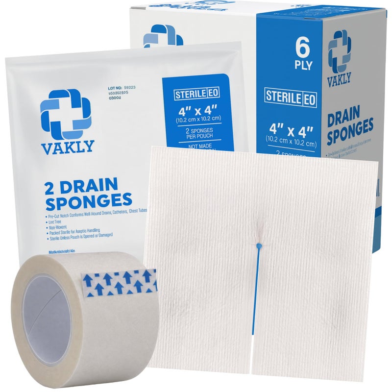 Vakly فوط غاز سبليت فاكلي 4x4 معقمة 6 طبقات [50 عبوة] ماصة مقطعة مسبقًا 4"X4" ضمادات غير منسوجة مقطعة مسبقًا + 1 لفة شريط طبي لعمليات التداخل - 25 عبوة من 2 - قد يختلف التعبئة - Image 1