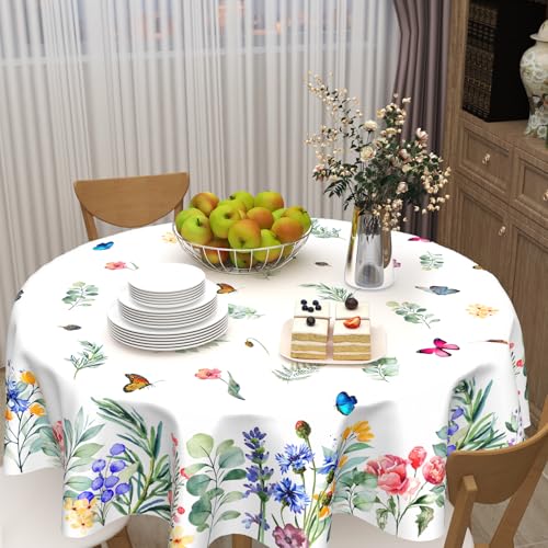 ABSOP Spring Summer Floral Tablecloth Round 60 Inch Watercolor Butterfly Flower Table Cloth Washable Farmhouse Table Covers for Kitchen Holiday Picnic Party Dinner Room Picnic Indoor Outdoor Decor - Image 2