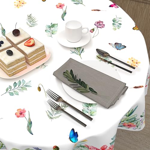 ABSOP Spring Summer Floral Tablecloth Round 60 Inch Watercolor Butterfly Flower Table Cloth Washable Farmhouse Table Covers for Kitchen Holiday Picnic Party Dinner Room Picnic Indoor Outdoor Decor - Image 4