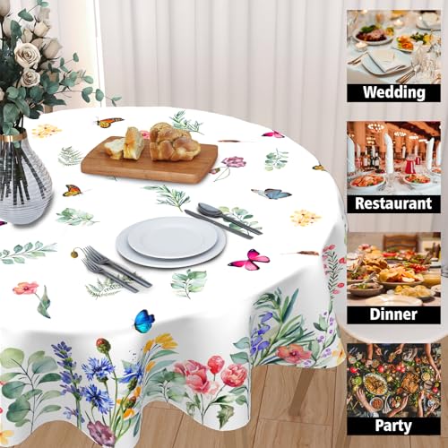 ABSOP Spring Summer Floral Tablecloth Round 60 Inch Watercolor Butterfly Flower Table Cloth Washable Farmhouse Table Covers for Kitchen Holiday Picnic Party Dinner Room Picnic Indoor Outdoor Decor - Image 3