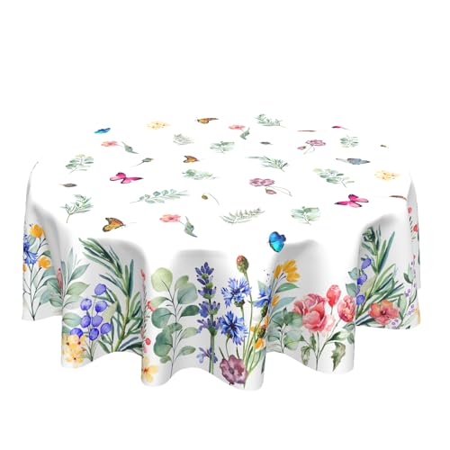 ABSOP Spring Summer Floral Tablecloth Round 60 Inch Watercolor Butterfly Flower Table Cloth Washable Farmhouse Table Covers for Kitchen Holiday Picnic Party Dinner Room Picnic Indoor Outdoor Decor - Image 1